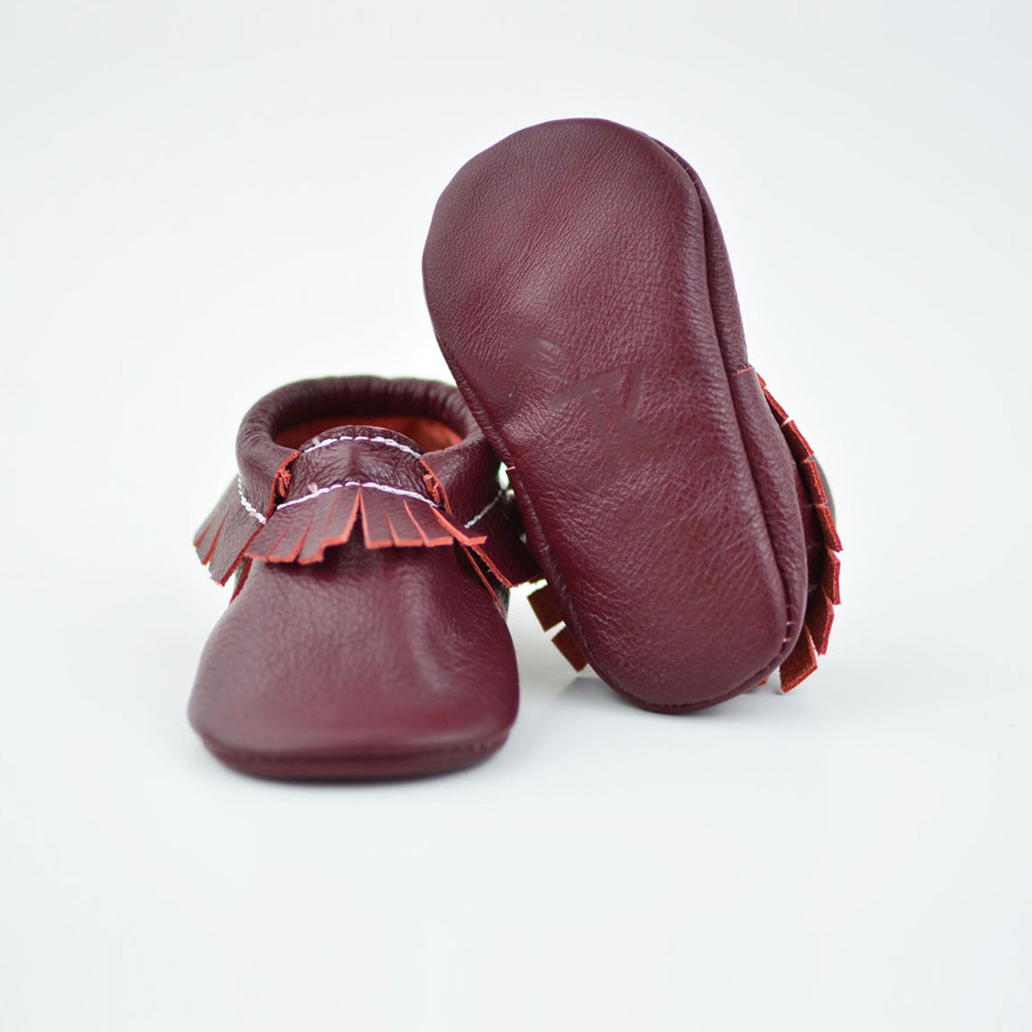 RTS Burgundy Moccasins With Same Leather Soles - Size 3 (12-18M)(5")