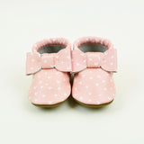 Mini White Hearts Over Blush Pink Bow Moccasins - Sizes 3-7