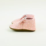 Mini White Hearts Over Blush Pink Bow Moccasins - Sizes 3-7