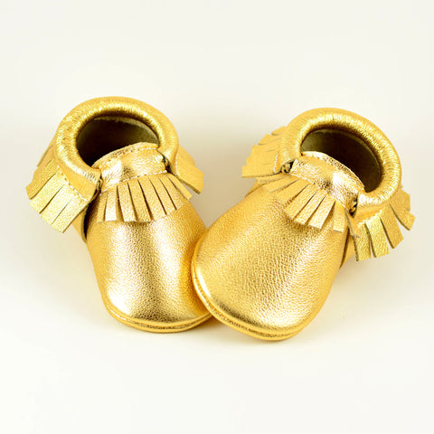 RTS Gold Metal Moccasins With Same Leather Soles - Size 3 (12-18M)(5")