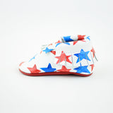 RTS Handpainted Red and Blue Star Spangled Moccasins With Red Leather Soles - Size 3 (12-18M)(5") - Last Pair Left!
