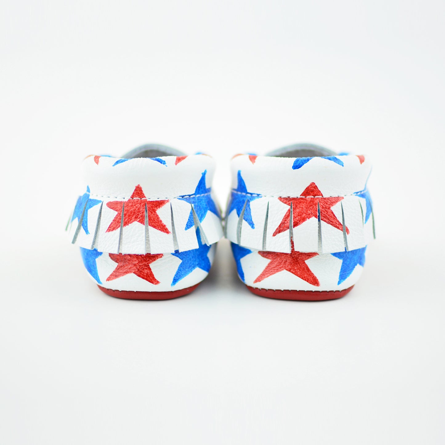 RTS Handpainted Red and Blue Star Spangled Moccasins With Red Leather Soles - Size 3 (12-18M)(5") - Last Pair Left!