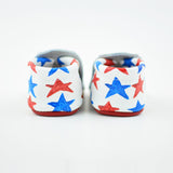 RTS Handpainted Red and Blue Star Spangled Lokicks With Red Leather Soles - Size 3 (12-18M)(5") - Last Pair Left!