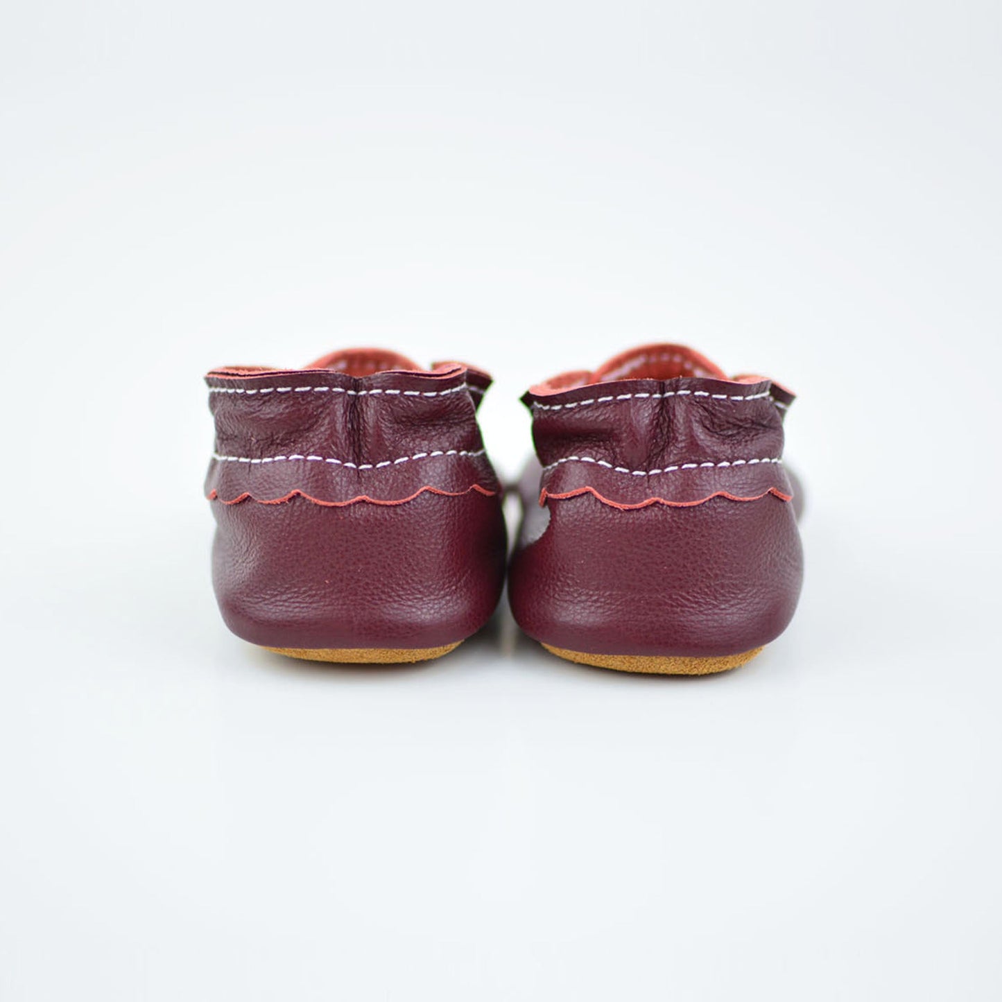 RTS Burgundy T-straps With Tan Suede Leather Soles - Size 3 (12-18M)(5")