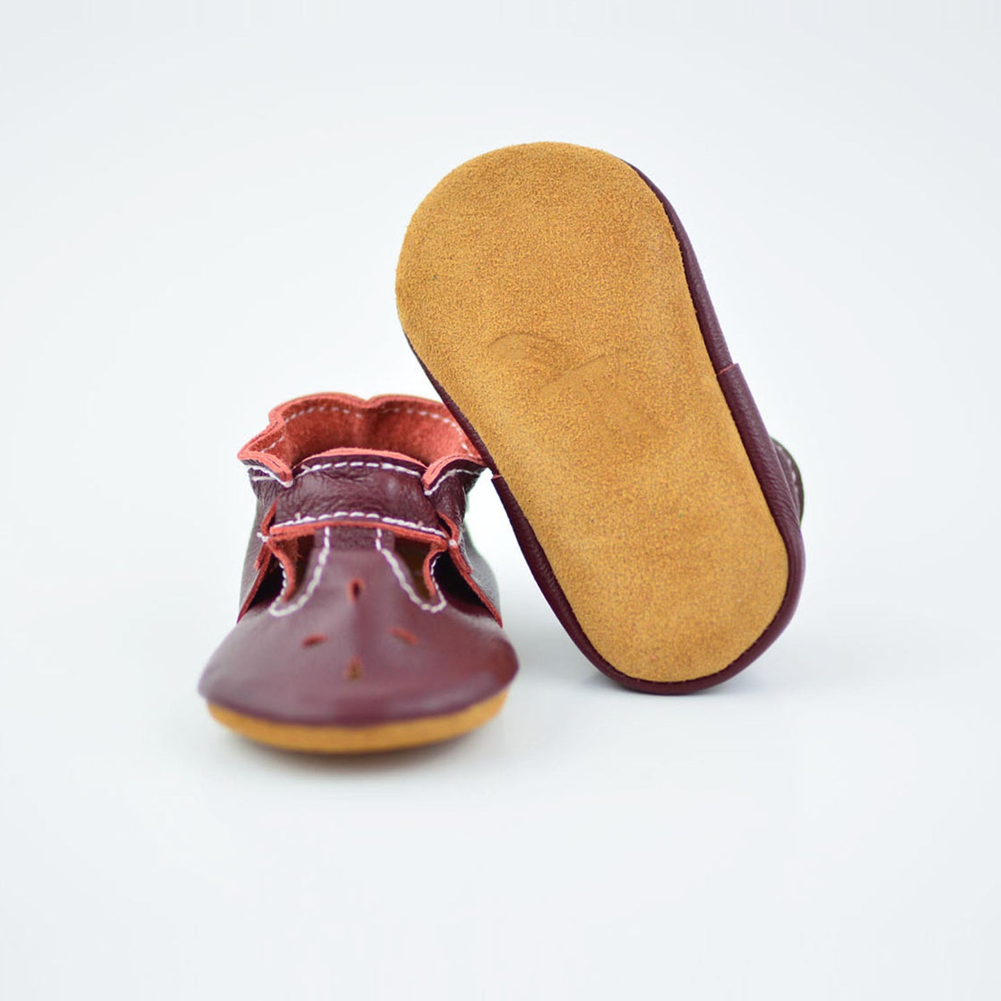 RTS Burgundy T-straps With Tan Suede Leather Soles - Size 3 (12-18M)(5")