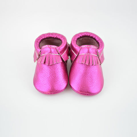 RTS Hot Pink Metallic Moccasins With Same Leather Soles - Size 3 (12-18M)(5")