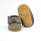 Dark Olive Bow Moccasins - Baby and Toddler Soft Sole Leather Shoes