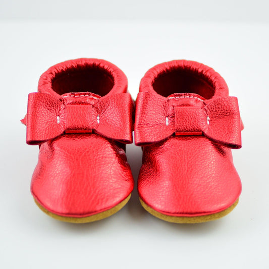 RTS Ruby Red Bow Moccasins With Tan Suede Leather Soles