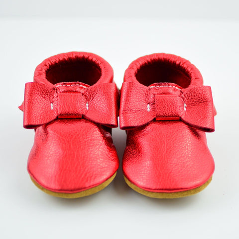RTS Ruby Red Bow Moccs With Tan Suede Leather Soles