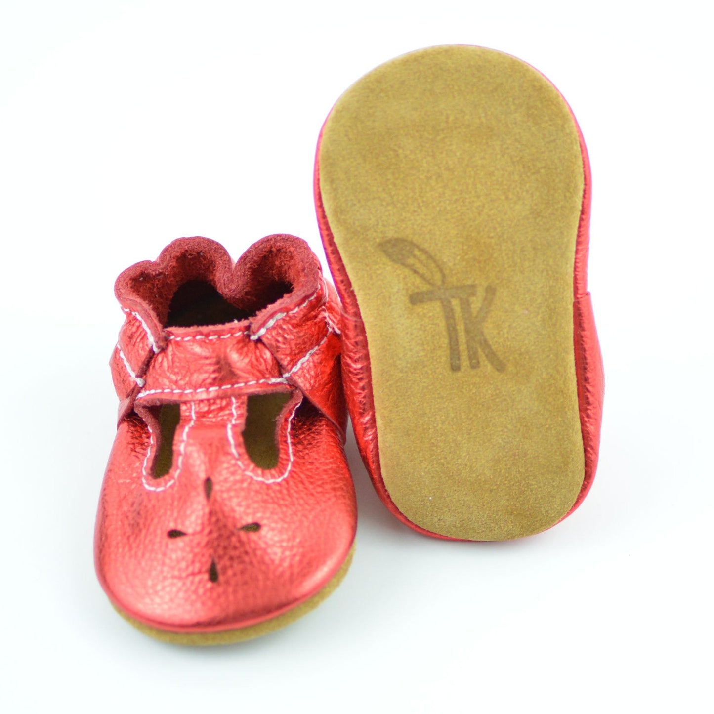 RTS Ruby Red T-Straps With Tan Suede Leather Soles