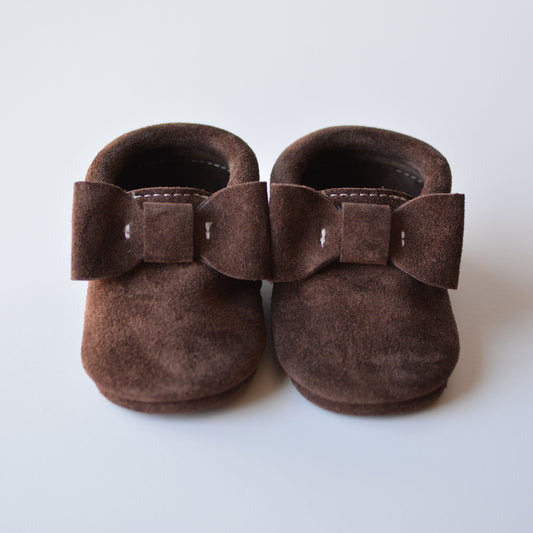 RTS Chocolate Brown Suede Fringed Bow Moccs - Size 3 (12-18M) (5")