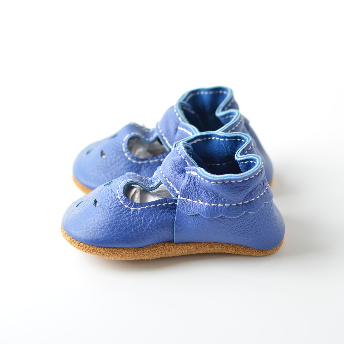 RTS Maliblue T-straps With Tan Suede Leather Soles - Size 3 (12-18M)(5")