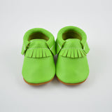 RTS Slime Green Moccasins With Tan Suede Soles - Size 3 (12-18M) (5")