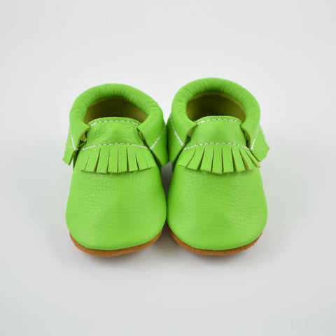 RTS Slime Green Moccasins With Tan Suede Soles - Size 3 (12-18M) (5")