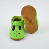 RTS Slime Green T-straps With Tan Suede Leather Soles - Size 3 (12-18M) (5")