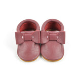 Cranberry - Sizes 3-7 - Choose a style! Bow Moccs (Pictured) or T-straps - Baby and Toddler Soft Soled Leather Shoes