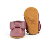 Cranberry - Sizes 0-2 - Choose a style! Bow Moccs (Pictured) or T-straps - Baby and Toddler Soft Soled Leather Shoes