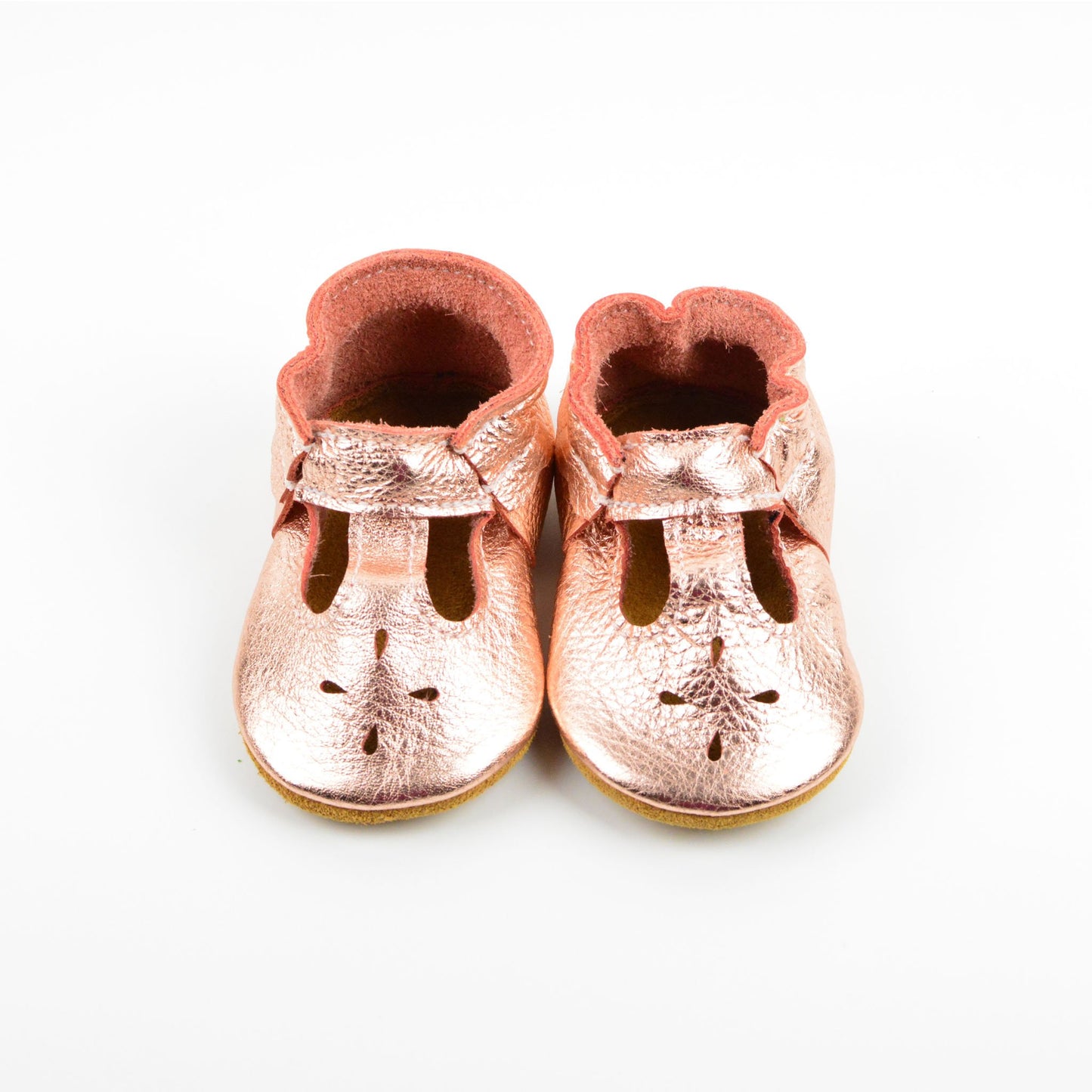 RTS Rose Gold T-straps With Tan Suede Leather Soles - Size 3 (12-18M)(5")