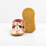 RTS Rose Gold T-straps With Tan Suede Leather Soles - Size 3 (12-18M)(5")