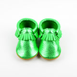 RTS Christmas Green Moccasins With Tan Suede Leather Soles - Size 3 (12-18M)(5")