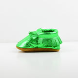 RTS Christmas Green Moccasins With Tan Suede Leather Soles - Size 3 (12-18M)(5")