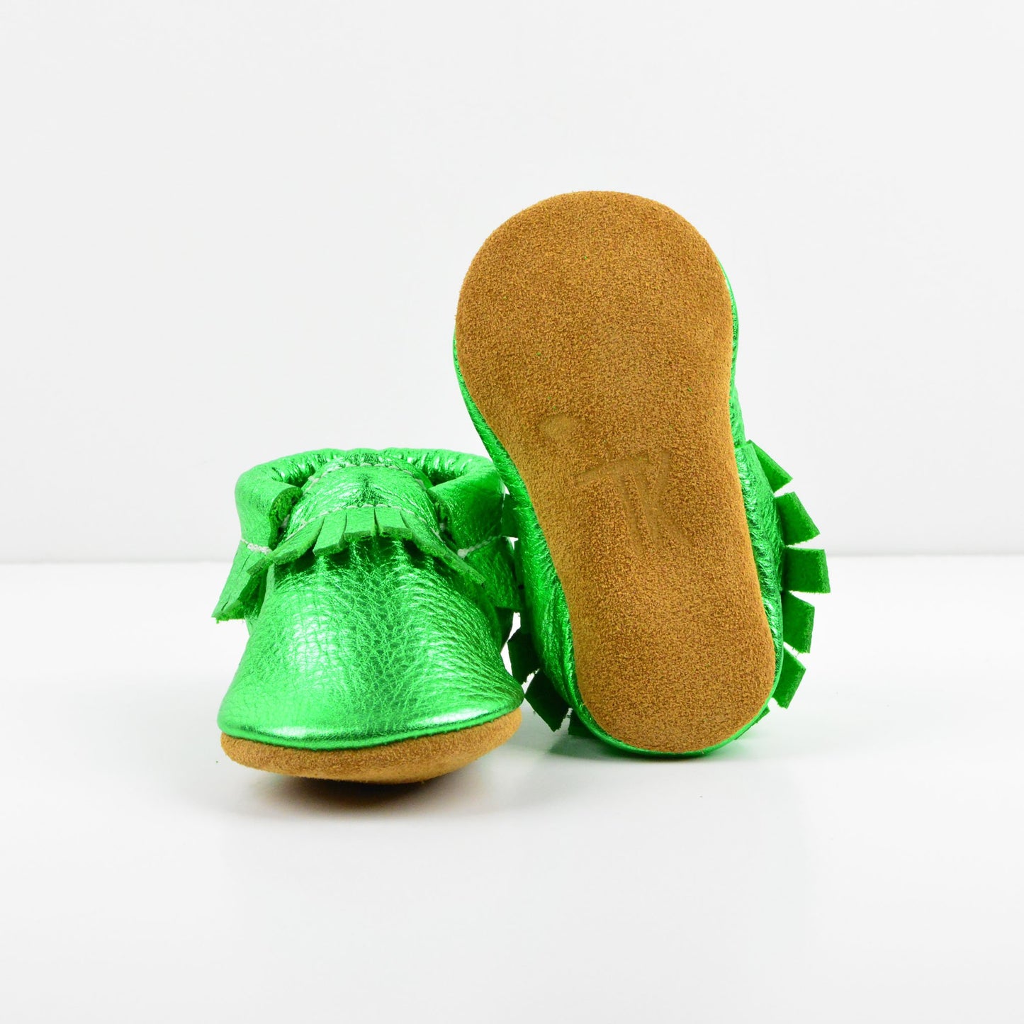 RTS Christmas Green Moccasins With Tan Suede Leather Soles - Size 3 (12-18M)(5")