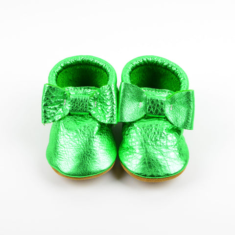 Christmas Green Bow Moccs - Baby and Toddler Soft Soled Leather Shoes