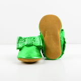 Christmas Green Bow Moccs - Baby and Toddler Soft Soled Leather Shoes