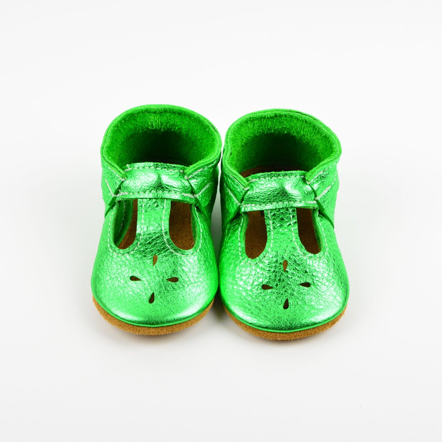 RTS Christmas Green T-straps With Tan Suede Leather Soles - Size 3 (12-18M)(5")
