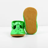 RTS Christmas Green T-straps With Tan Suede Leather Soles - Size 3 (12-18M)(5")