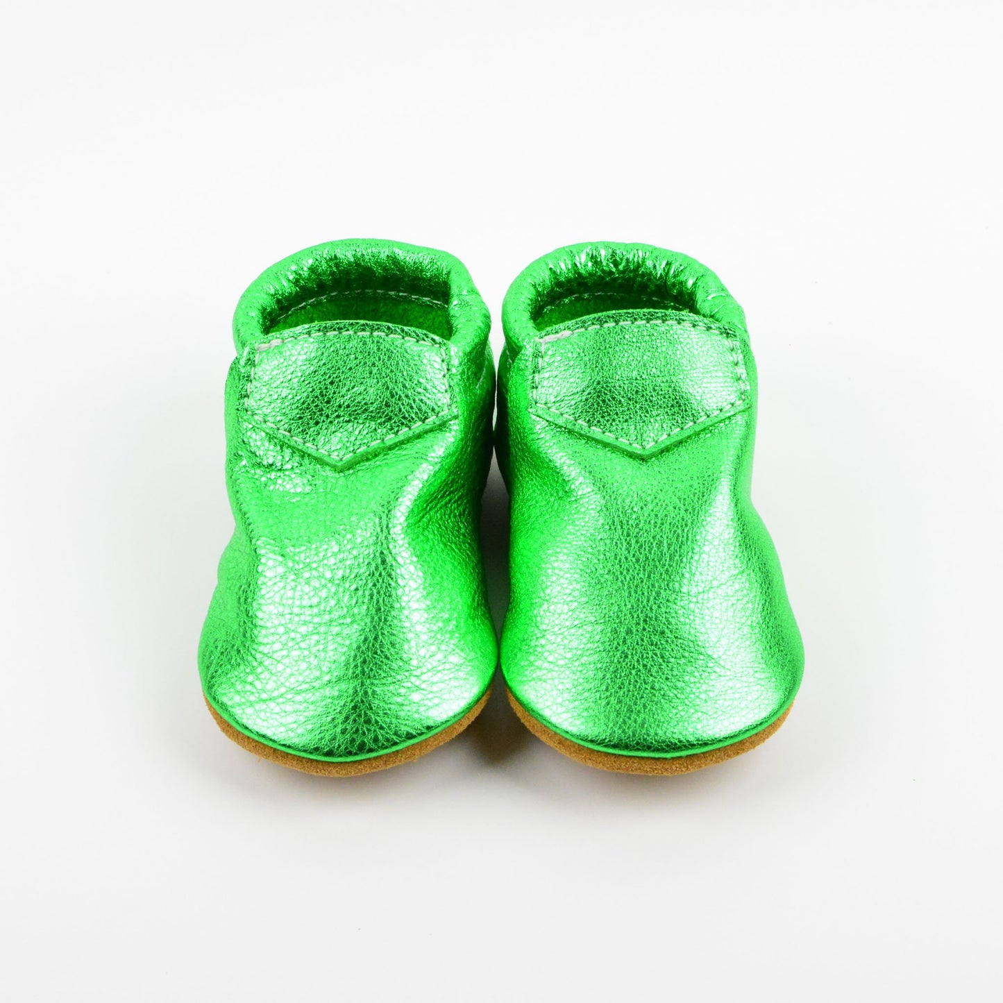 RTS Christmas Green Lokicks With Tan Suede Leather Soles - Size 3 (12-18M)(5")
