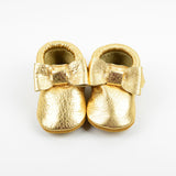 RTS Gold Metal Bow Moccs With Tan Suede Leather Soles - Size 3 (12-18M)(5")