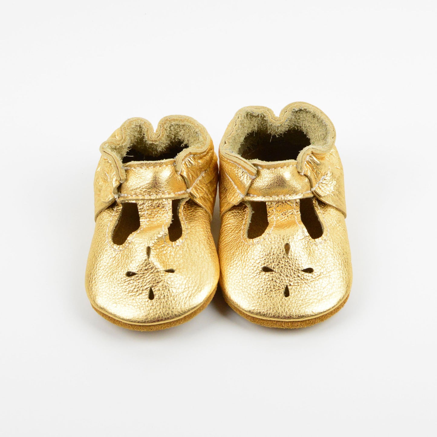 RTS Gold Metal T-straps With Tan Suede Leather Soles - Size 3 (12-18M)(5")