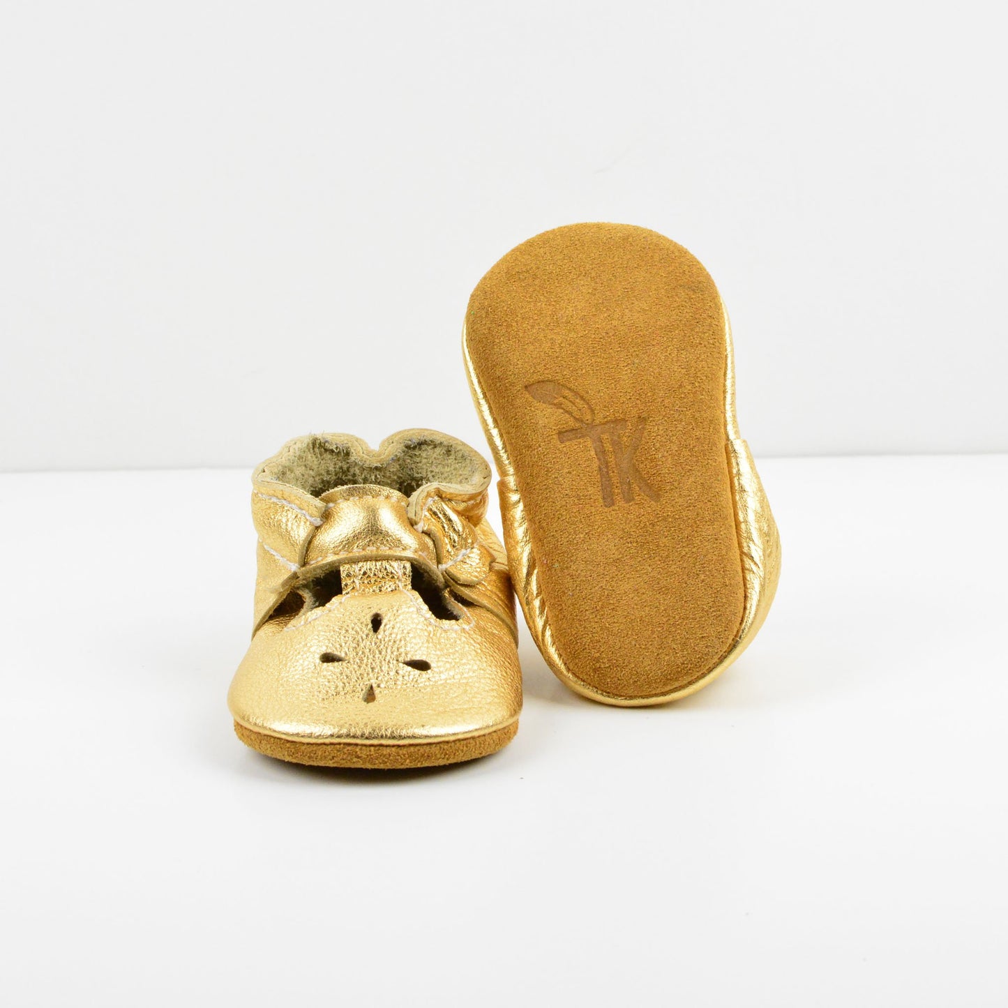 RTS Gold Metal T-straps With Tan Suede Leather Soles - Size 3 (12-18M)(5")